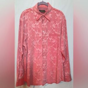 Bugatchi Men's XL Button Up Shirt Cuff Detail Floral Damask Coral Pink